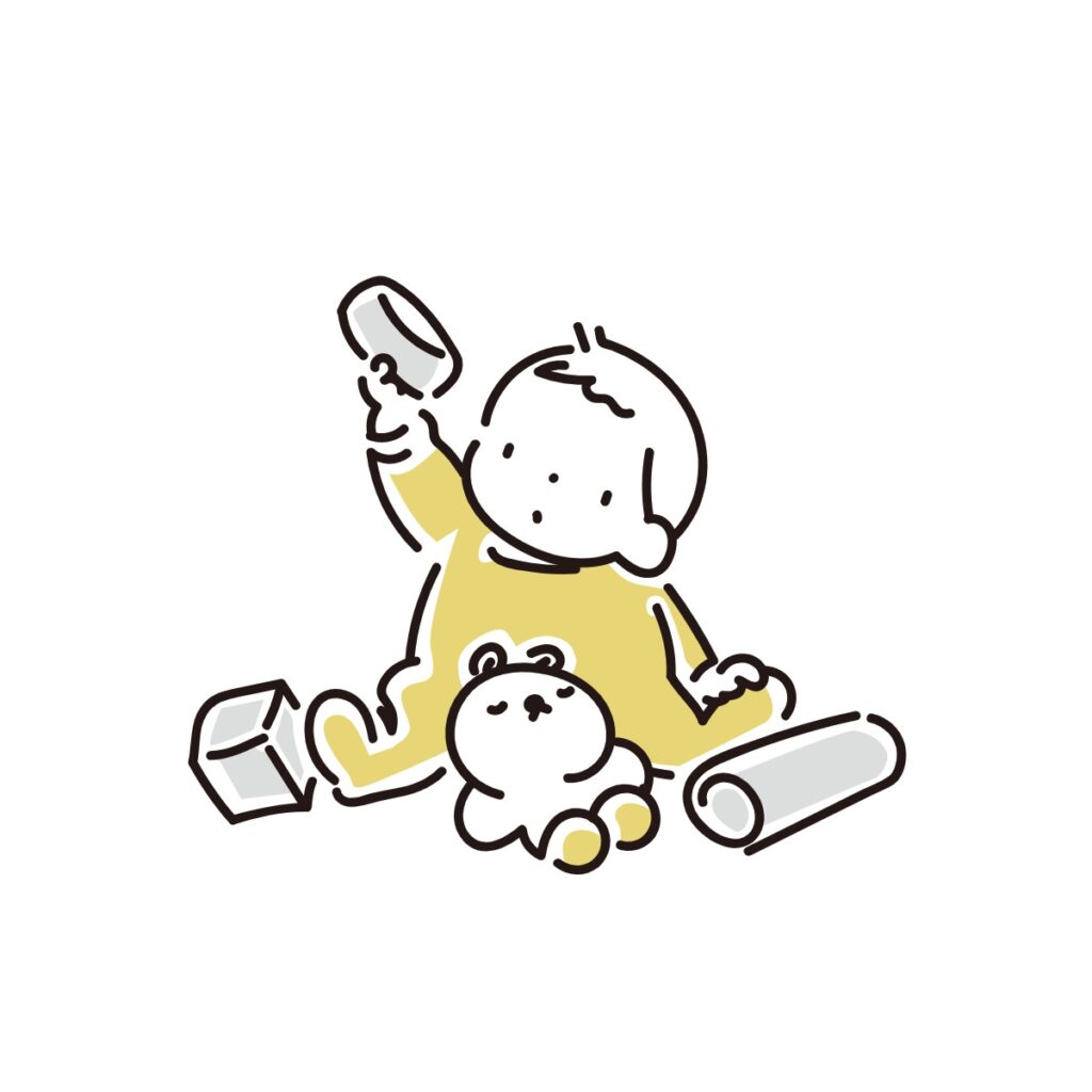 Illustration of a baby playing with toys. 