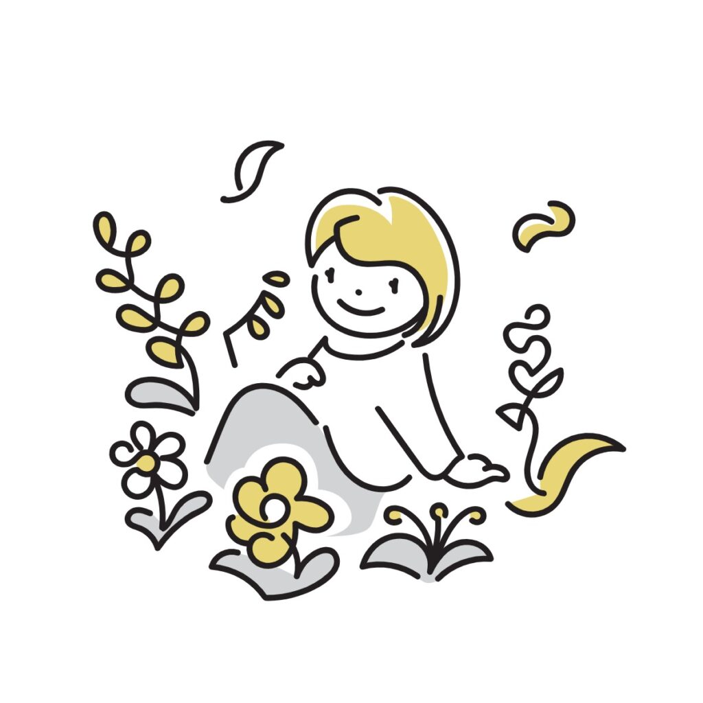 Illustration of a girl surrounded by flowers.