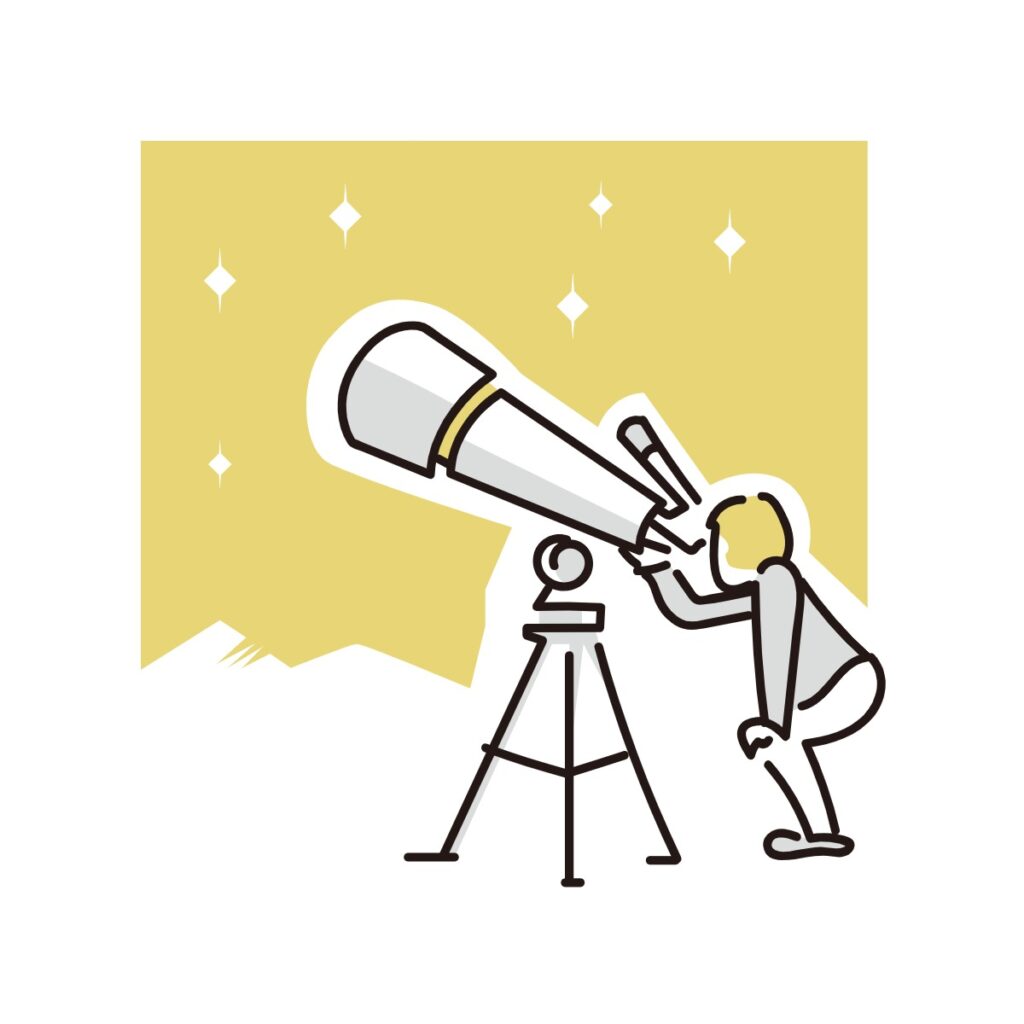 Illustration of a person looking at space through a telescope.