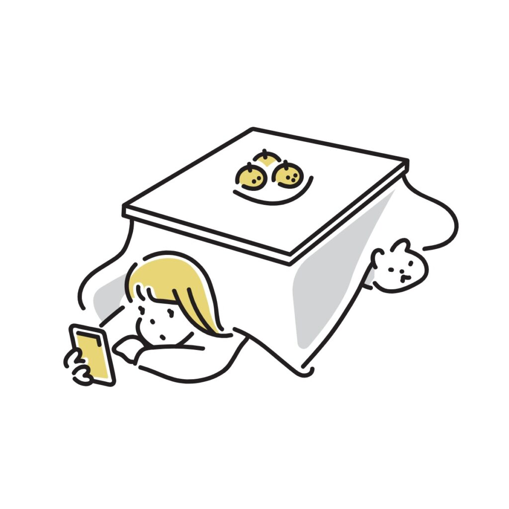 Illustration of a woman sitting under a kotatsu
